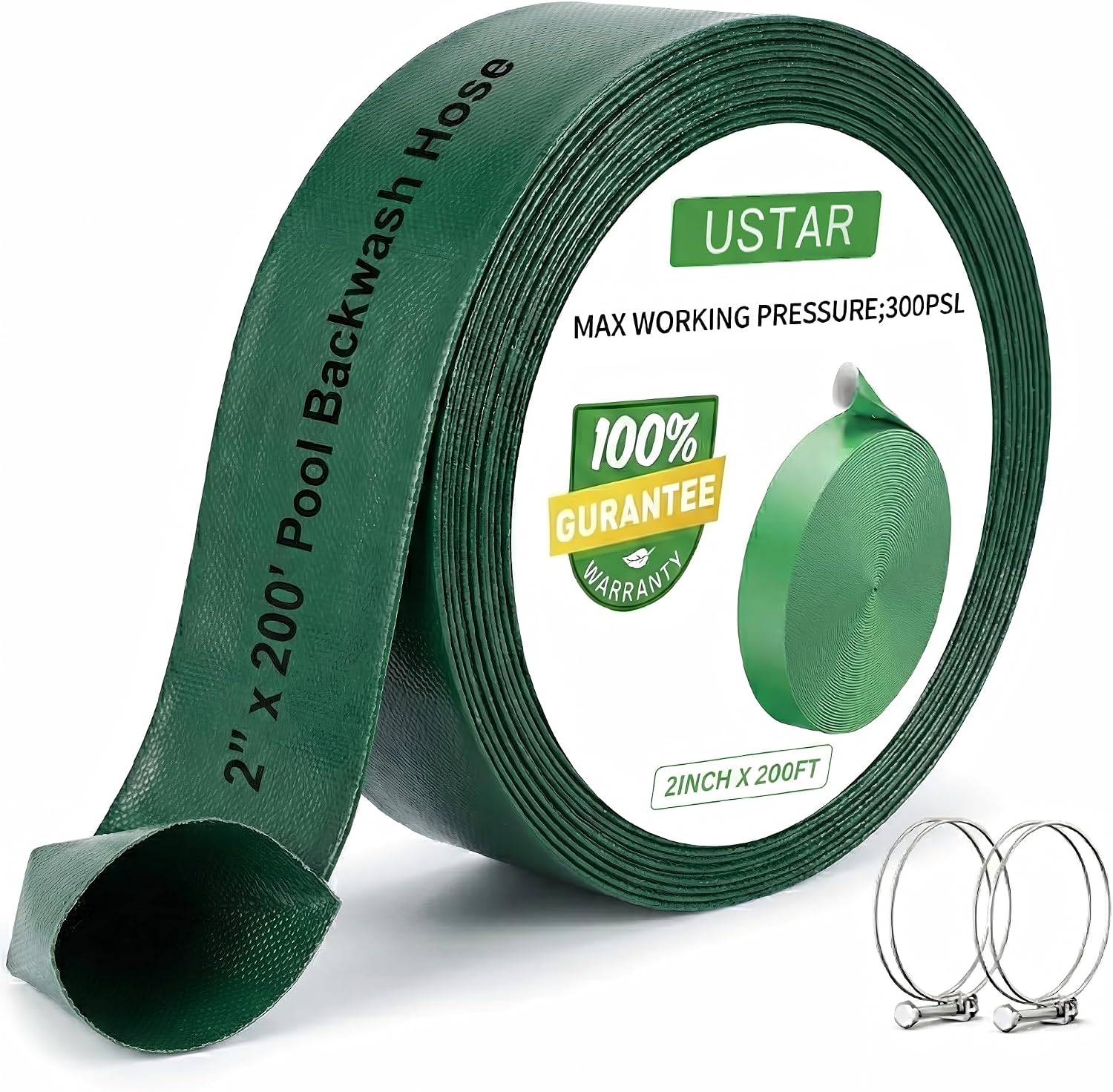 2" x 200 FT Pool Backwash Hose, Heavy Duty Pool Drain Hoseâ€“ Reinforced 3-Layer PVC Lay Flat Discharge Hose with Clamps,High Pressure Burst Proof,Weather & UV Resistant Sump Pump Drain Hose