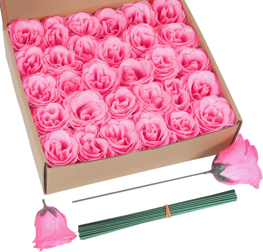 ICBOX Artificial Roses,30PCS Pink Roses Glitter Roses Artificial Flowers for Crafts Wedding Bouquet Home Decoration(Pink)