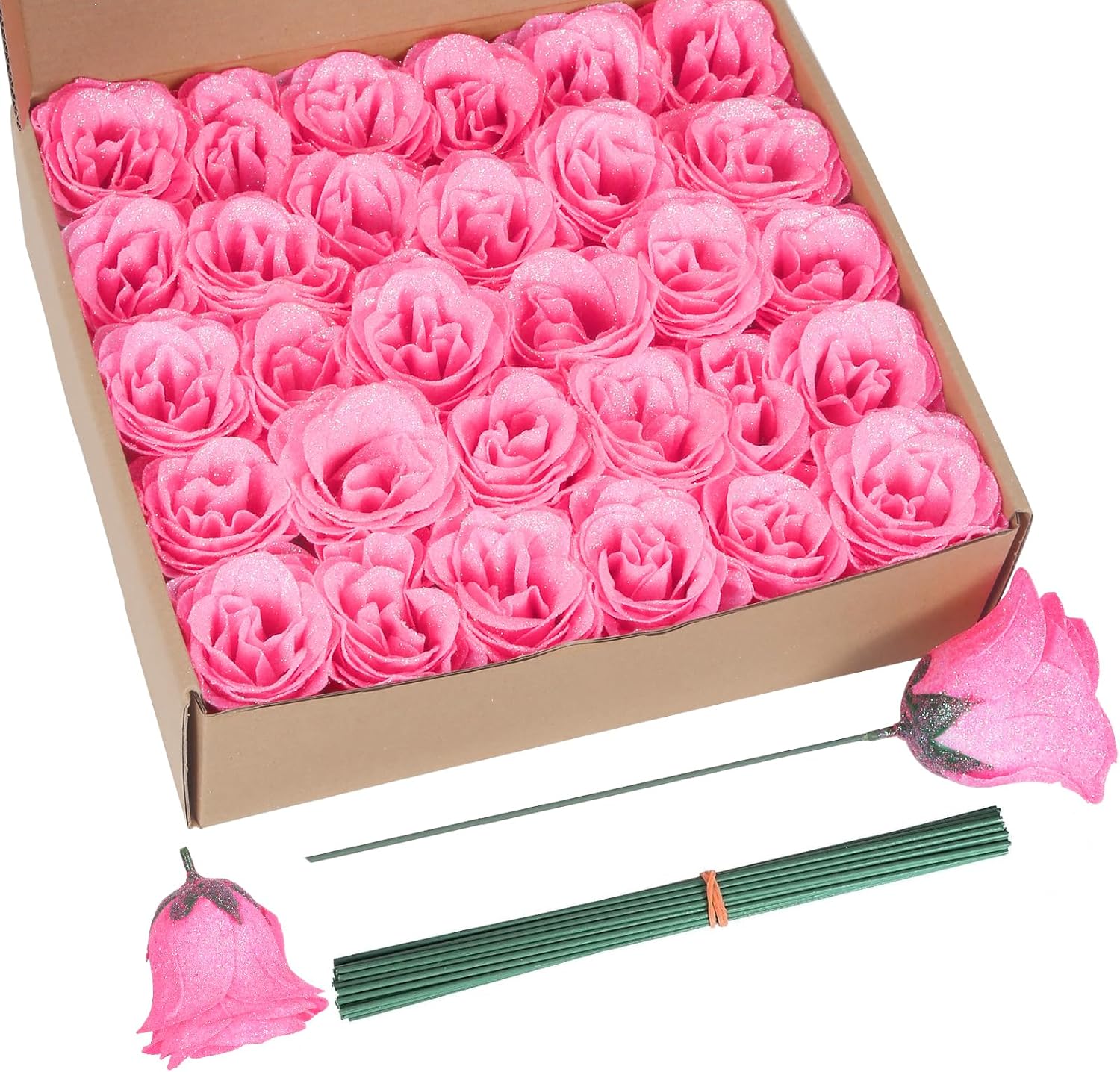 ICBOX Artificial Roses,30PCS Pink Roses Glitter Roses Artificial Flowers for Crafts Wedding Bouquet Home Decoration(Pink)