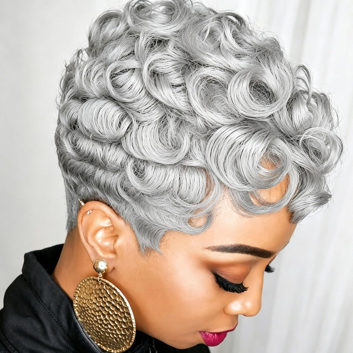 Short Wigs for Grey Pixie Cut Wig Short Grey Pixie Wigs for Blcak Women Synthetic Gray Curly Pixie Wig Natural Silver Grey Color Wigs for Older Women