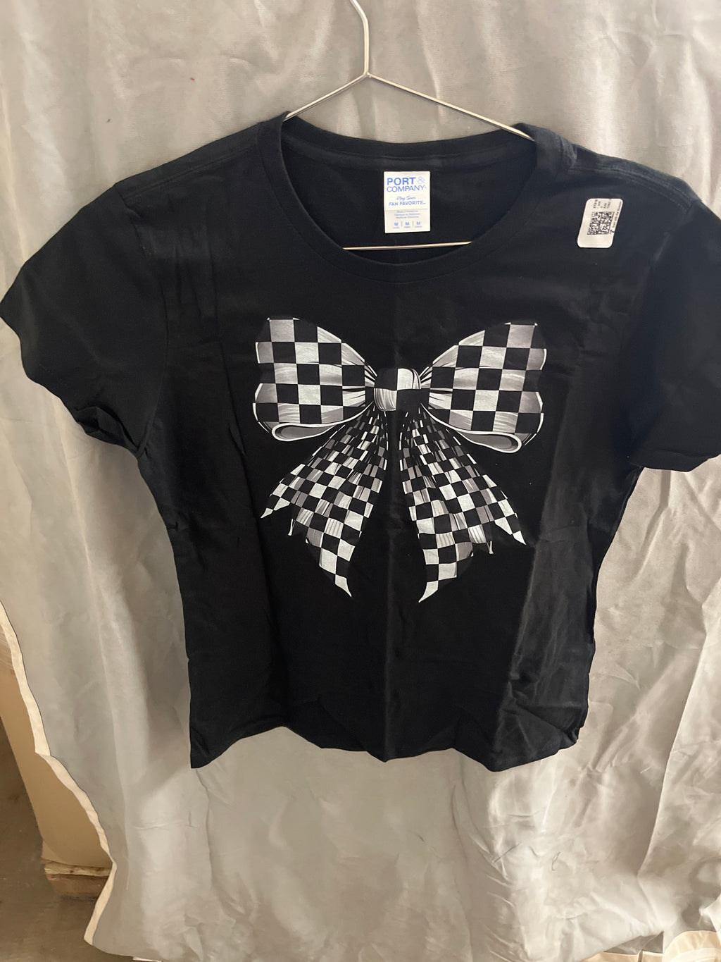 Port and company black and white checkered bow tshirt
