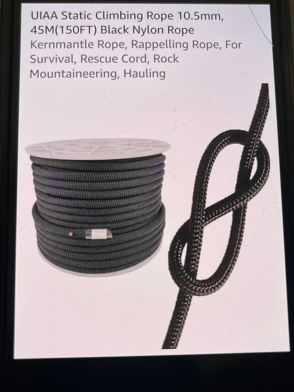 UIAA static climbing rope 10.5 mm, 45M(150FT) black nylon rope