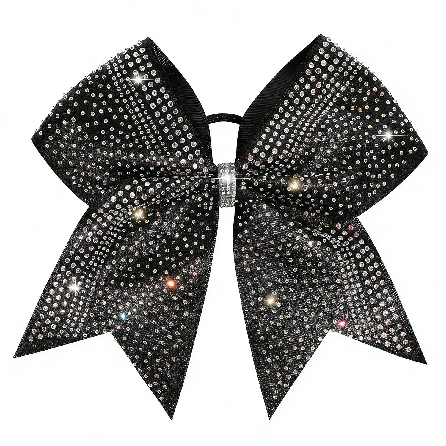 Glitter Cheer Bows,8" Large Full Rhinestones Shiny Cheer Bow Elastic Hair Tie, Hair Elastic Band Ponytail Holder for Softball Competition Sports Cheerleaders (Black)