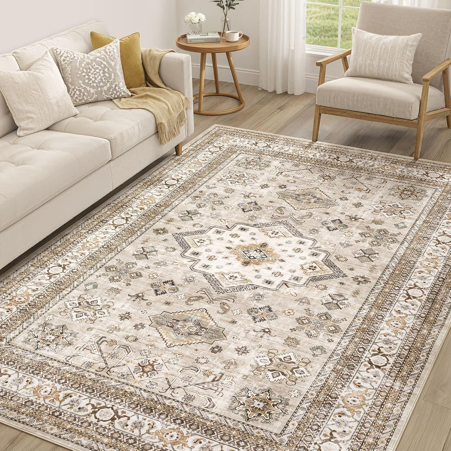 Vintage Living Room Area Rug 5x7 - Large Soft Washable Oriental Traditional Distressed Farmhouse Rugs for Bedroom - Beige