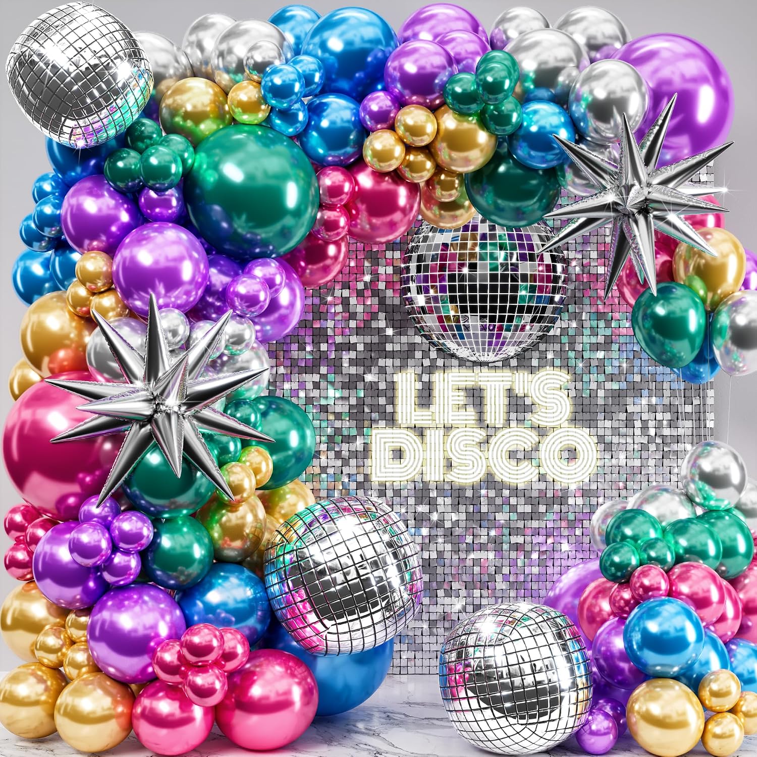 ALL-IN-1 Disco Balloon Arch Kit with BONUS Disco Balls & Starbursts - Metallic Balloon Arch Kit for 90s Themed Party Decorations - Chrome Balloons, Metallic Balloons for Prom, Karaoke Party Decoration