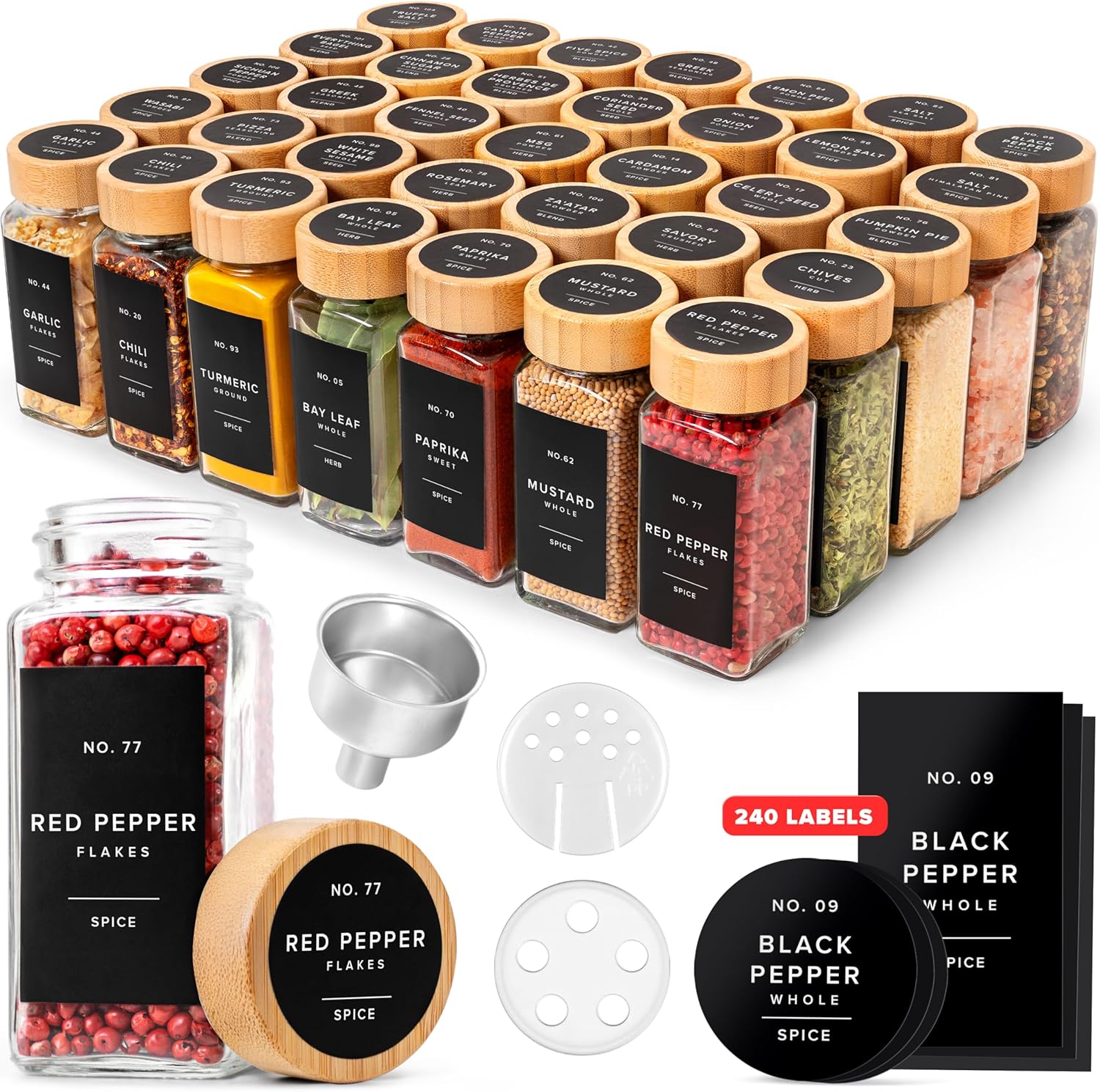 Square Spice Jars with Bamboo Wooden Lid (Pack of 36) Spice Jars with Shaker Insert and 240 Labels - Bamboo Lid Glass Container for Spice Organisation [4.3 in Ã— 1.8 in]