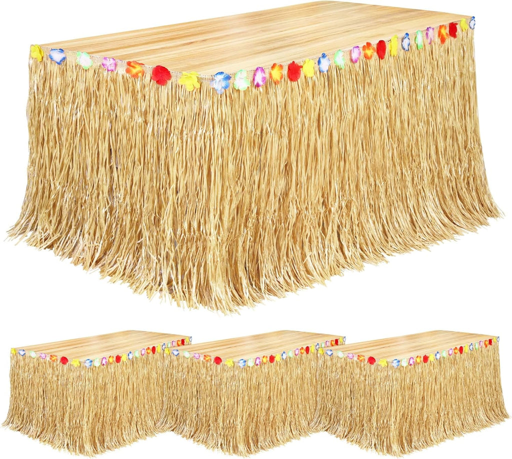 Fovths 4 Pack Luau Grass Table Skirt Natural 9 Feet x 29.5 Inch Hawaiian Table Skirt for Tropical Hawaiian Party Decorations Luau Party Costume Party, Straw Yellow