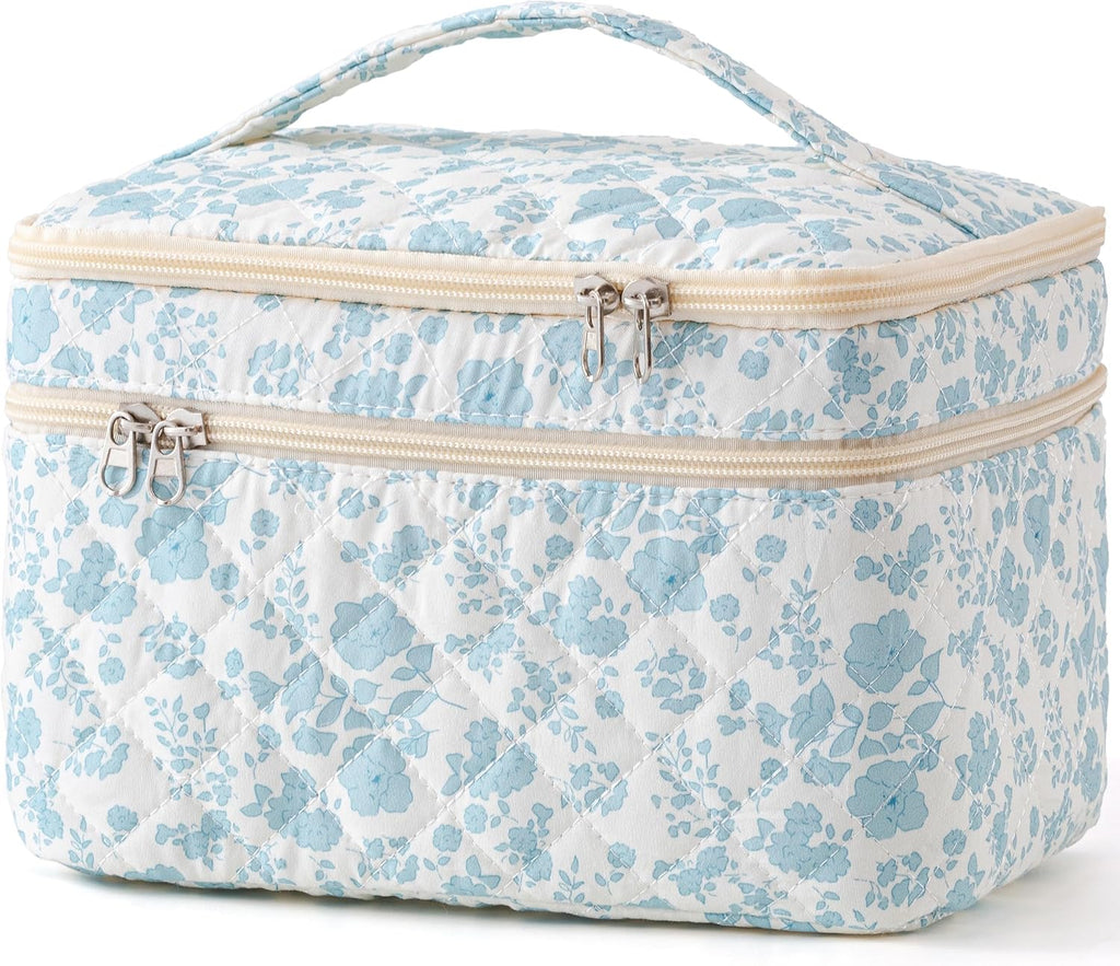 HBselect Large Quilted Makeup Bags for Women, Cute Cotton Travel Cosmetic Bags with Handle, Gifts for Bridesmaids, Portable Coquette Floral Make up Bag, Toiletry Cosmetic Bag