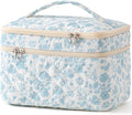 HBselect Large Quilted Makeup Bags for Women, Cute Cotton Travel Cosmetic Bags with Handle, Gifts for Bridesmaids, Portable Coquette Floral Make up Bag, Toiletry Cosmetic Bag