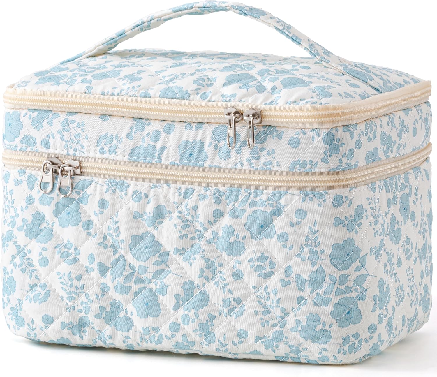 HBselect Large Quilted Makeup Bags for Women, Cute Cotton Travel Cosmetic Bags with Handle, Gifts for Bridesmaids, Portable Coquette Floral Make up Bag, Toiletry Cosmetic Bag