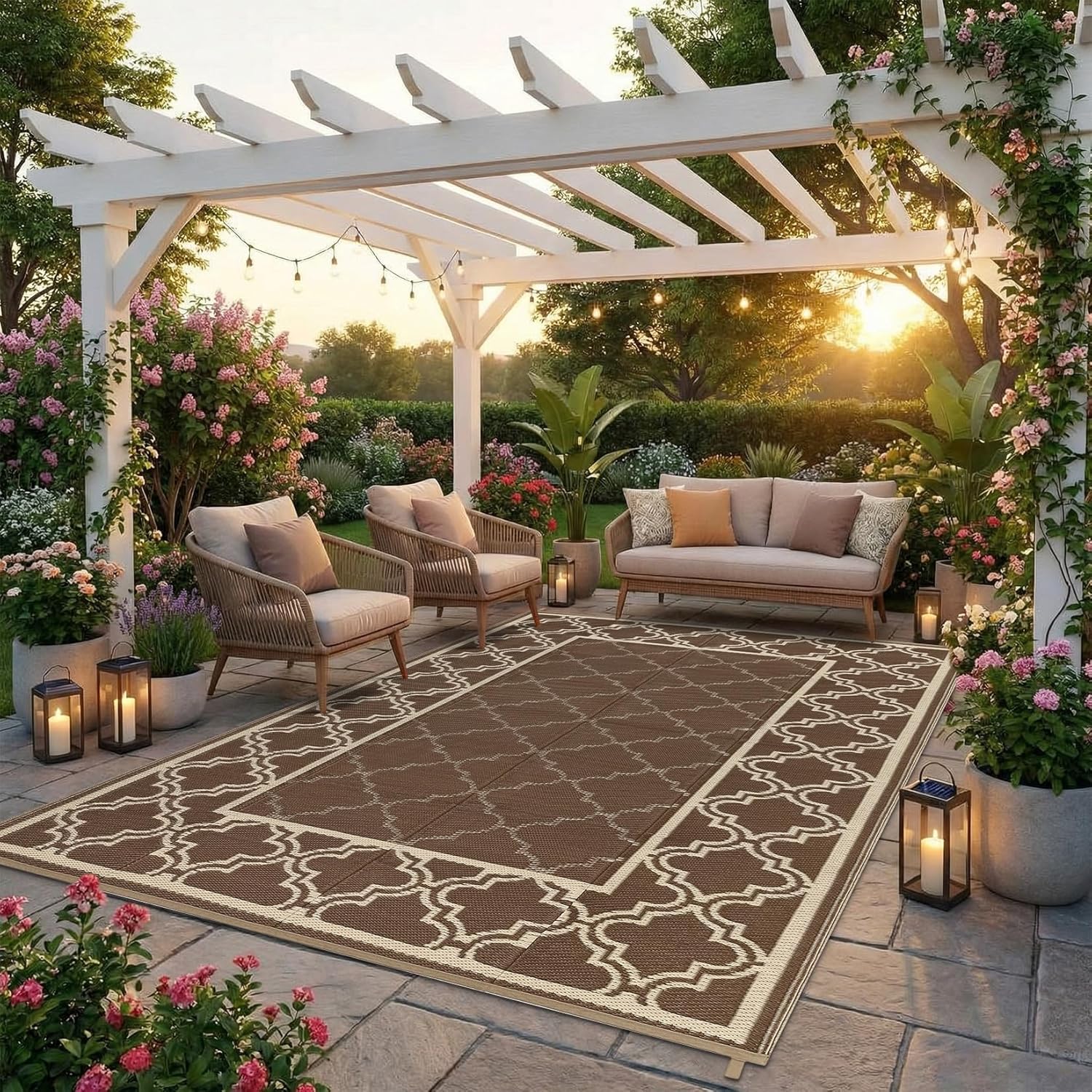 Garvee Reversible Outdoor Rug 5x8, Waterproof Outdoor Plastic Straw Rug with Interlacing Pattern, RV Mat for Picnics, Patio, Camping, Balcony, Deck, Backyard, Porch, Brown