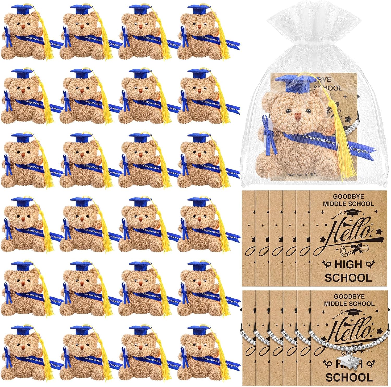 25 Sets Mini Middle School Graduation Bear 8th Grade Graduation Gifts Bulk Party Favors(Blue)