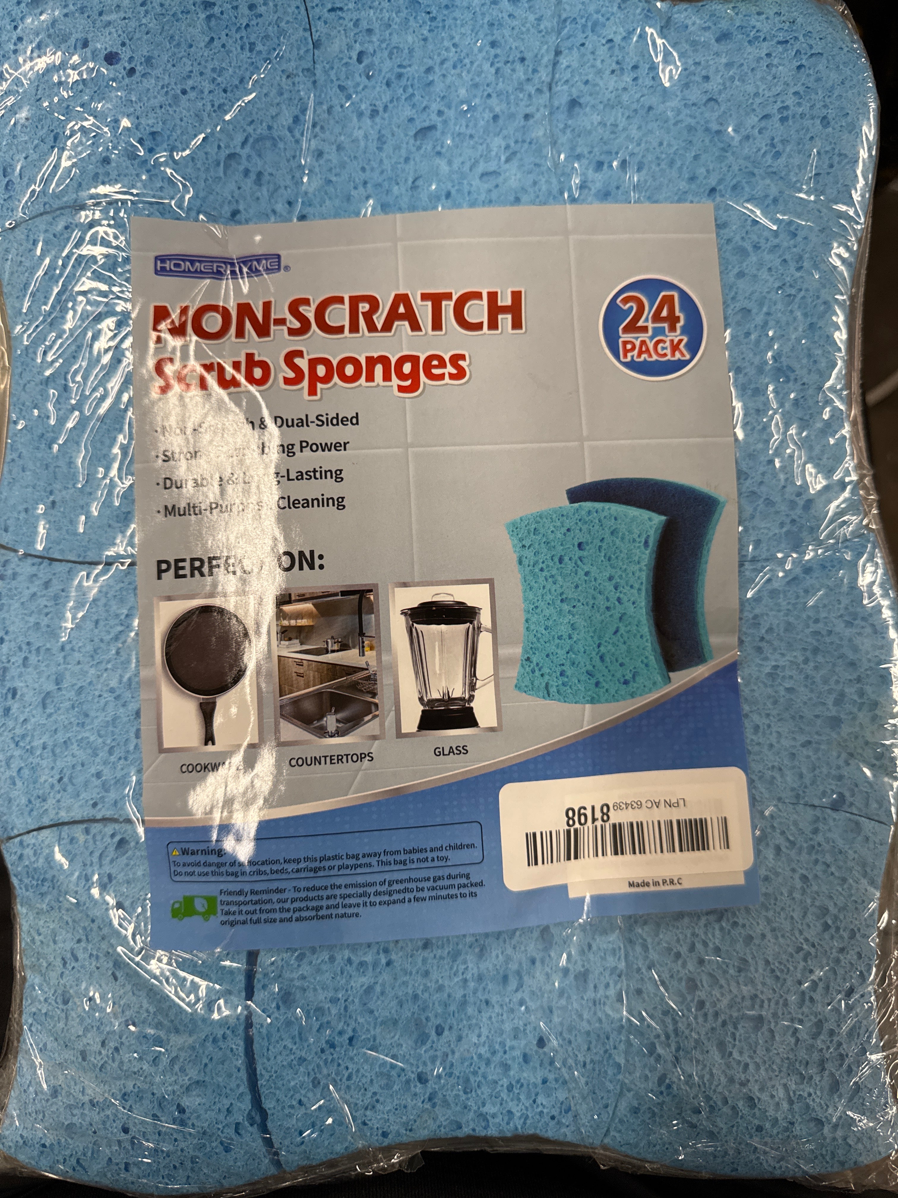 HOMERHYME Non-Scratch Cellulose Scrub Sponges 24 Pack, Kitchen Sponge with Double-Side & Ergonomic Design. Sturdy Sponge for Dishes, Coated Cookware, Sink, Countertops.
