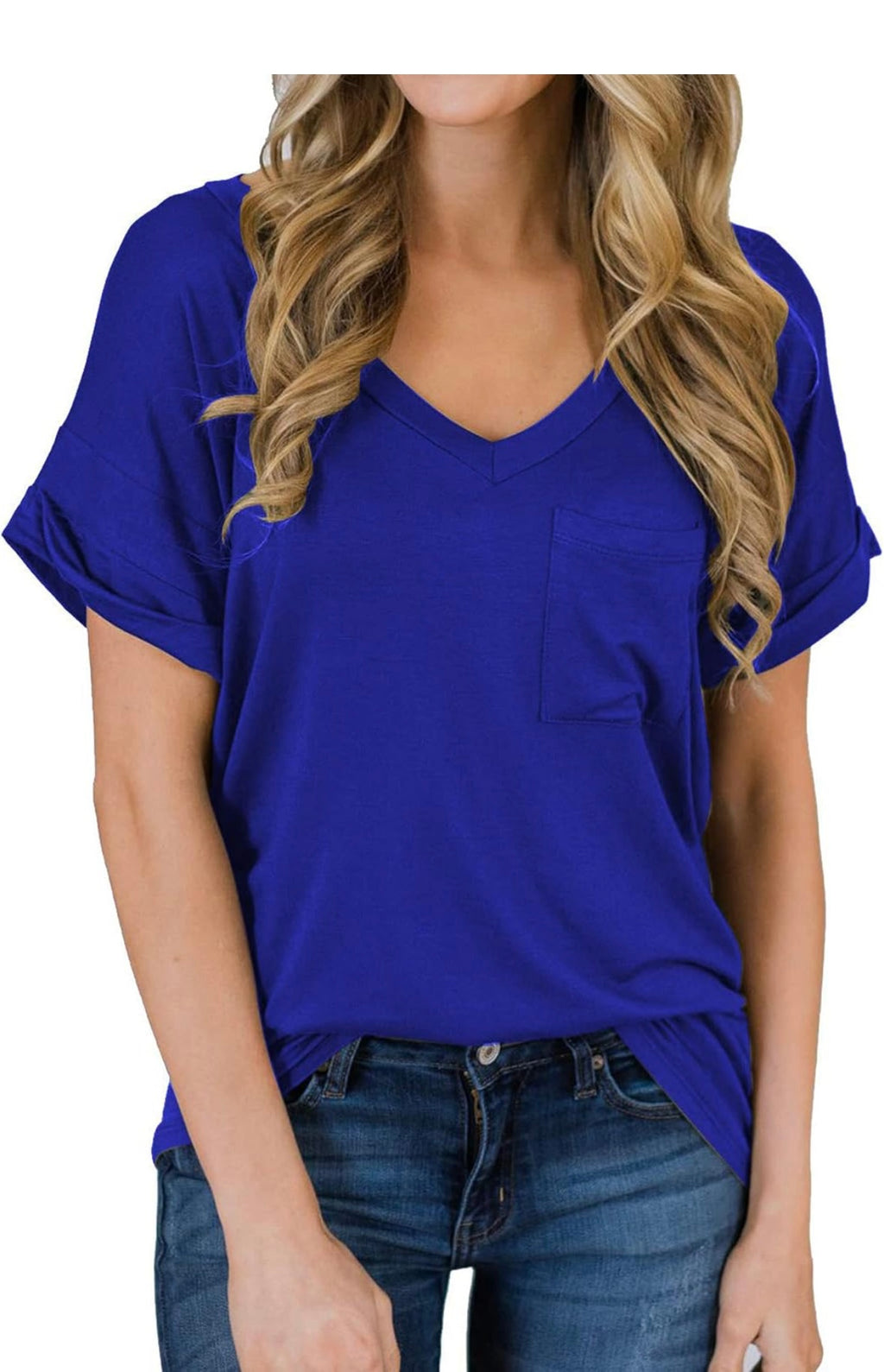 Women's Soft Basic Short Sleeve V-Neck T-Shirts blue (XL)