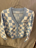 Blue and white checkered cardigan