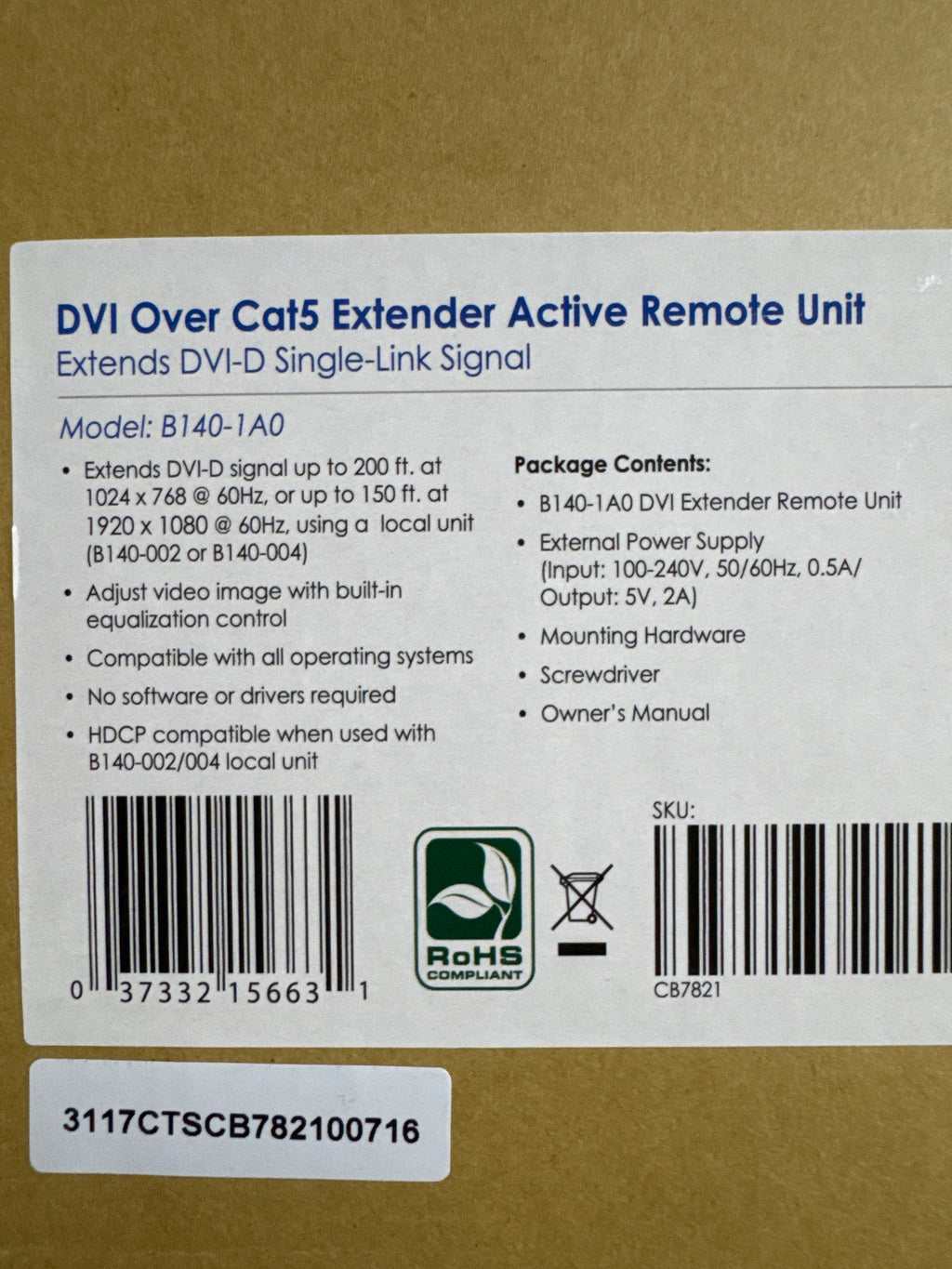 Tripp-Lite DVI Over Cat5 Extender Active Remote Unit New Sealed