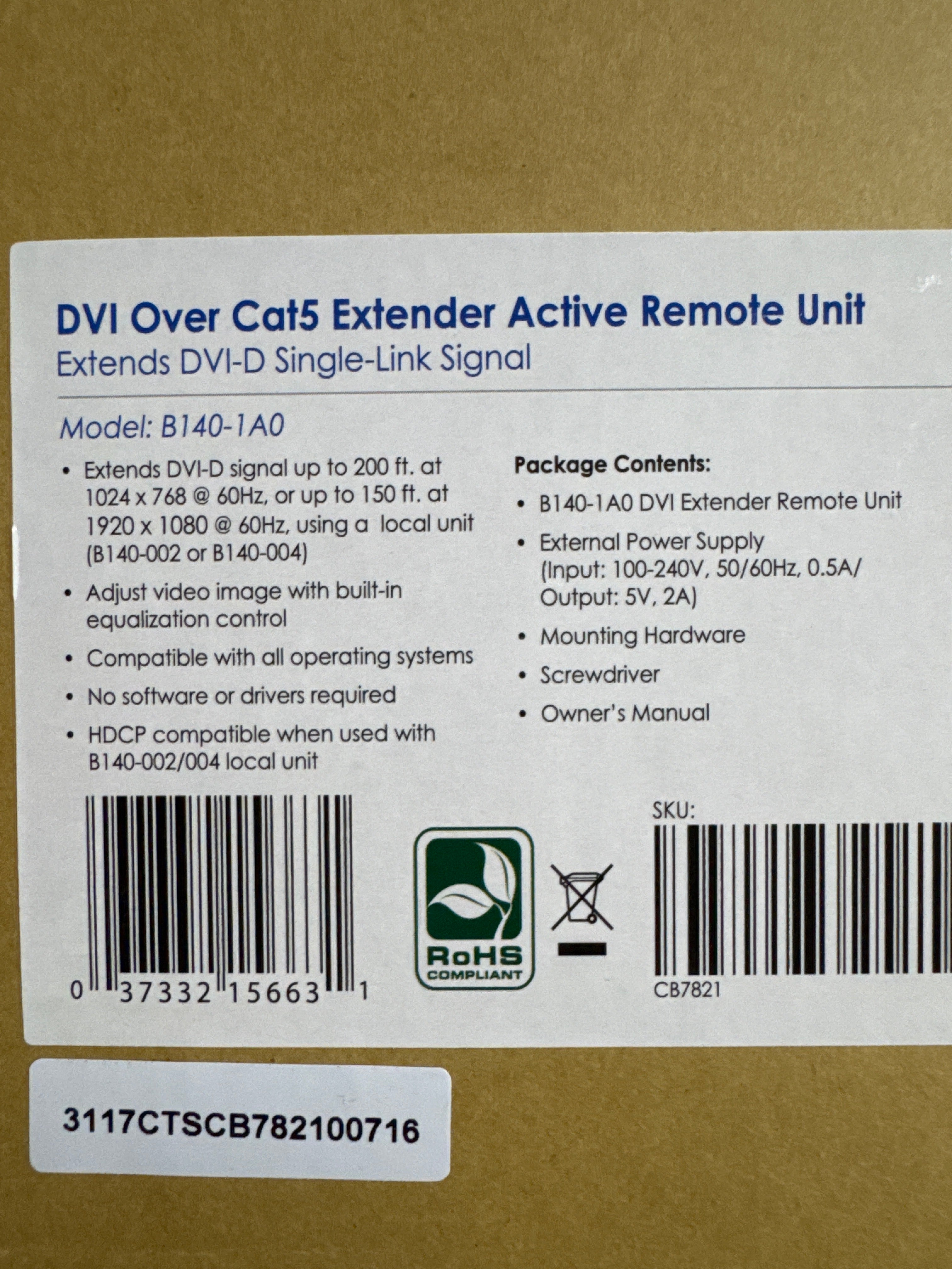 Tripp-Lite DVI Over Cat5 Extender Active Remote Unit New Sealed