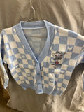 Blue and white checkered sweater