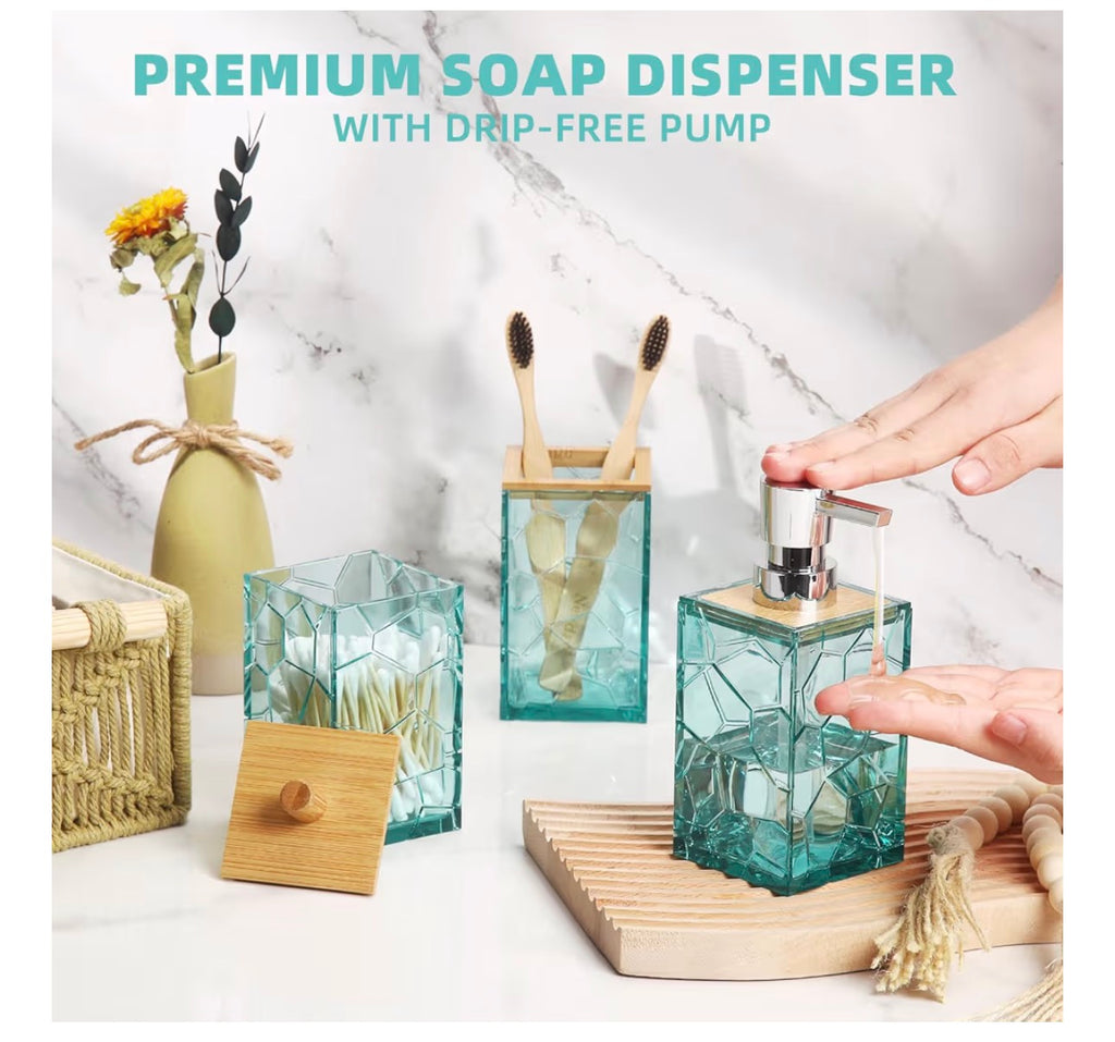 Teal Blue Beach Bathroom Accessories Set, Toothbrush Holder, Soap Dispenser, Cotton Swabs Holder, Soap Dish, Toilet Brush with Holder, Boho Bamboo Bathroom Decor,Acrylic (Teal)