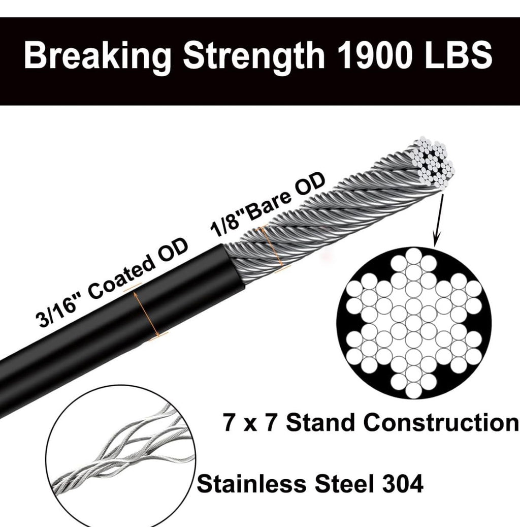 300FT 3/16" Black Vinyl Coated Wire Rope, Cable Railing System, Black Aircraft Cable for Indoor Outdoor Decking Stair Railing Balustrade DIY 1/8Inch Overmolded to 3/16 Inch