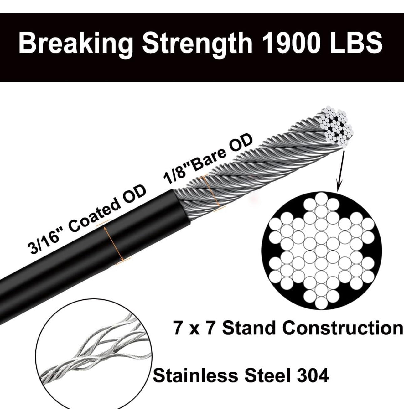 300FT 3/16" Black Vinyl Coated Wire Rope, Cable Railing System, Black Aircraft Cable for Indoor Outdoor Decking Stair Railing Balustrade DIY 1/8Inch Overmolded to 3/16 Inch