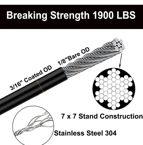 300FT 3/16" Black Vinyl Coated Wire Rope, Cable Railing System, Black Aircraft Cable for Indoor Outdoor Decking Stair Railing Balustrade DIY 1/8Inch Overmolded to 3/16 Inch