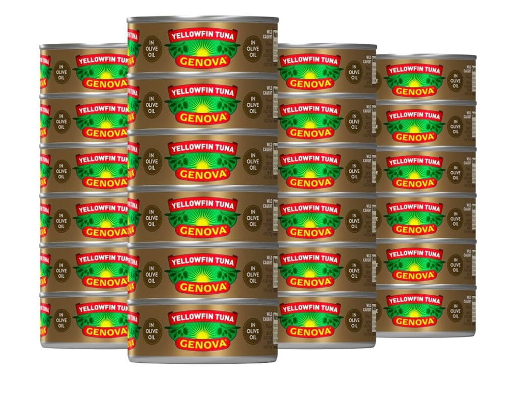 Genova Premium Yellowfin Tuna in Olive Oil, 5 Ounce Cans, 24-Pack – Nutrient Rich, High Protein Canned Tuna Fish - Delicious, Easy, Nutritious Ready to Eat Meals. Best by 07/2028.