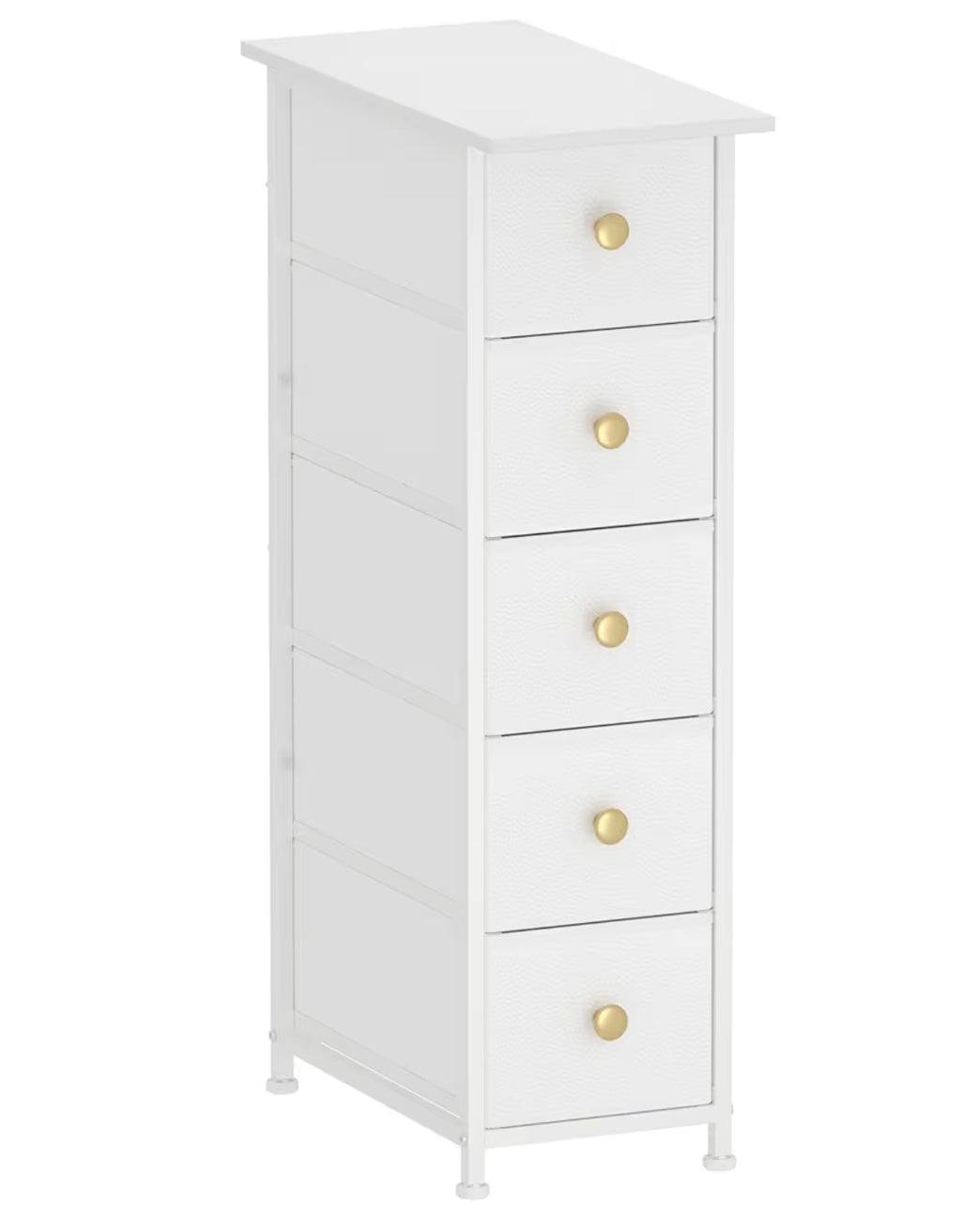 GiftGo Narrow Dresser Cabinet Vertical Slim Dresser Chest of Drawers Skinny Storage Tower for Small Spaces Gaps Closet Bedroom Bathroom Small Fabric Drawer Unit (White, 5 Drawers)