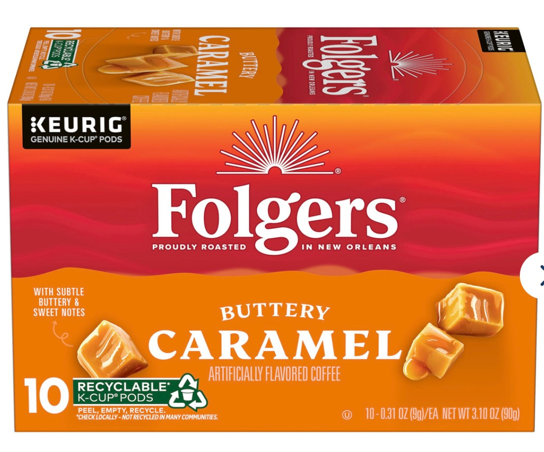 Folgers Coffee, Buttery Caramel, K-Cup Pods, 60 Count. Best by April 2027.