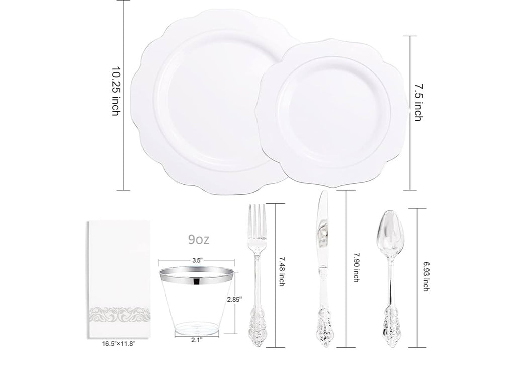 NOCCUR White and Silver plastic Dinnerware.