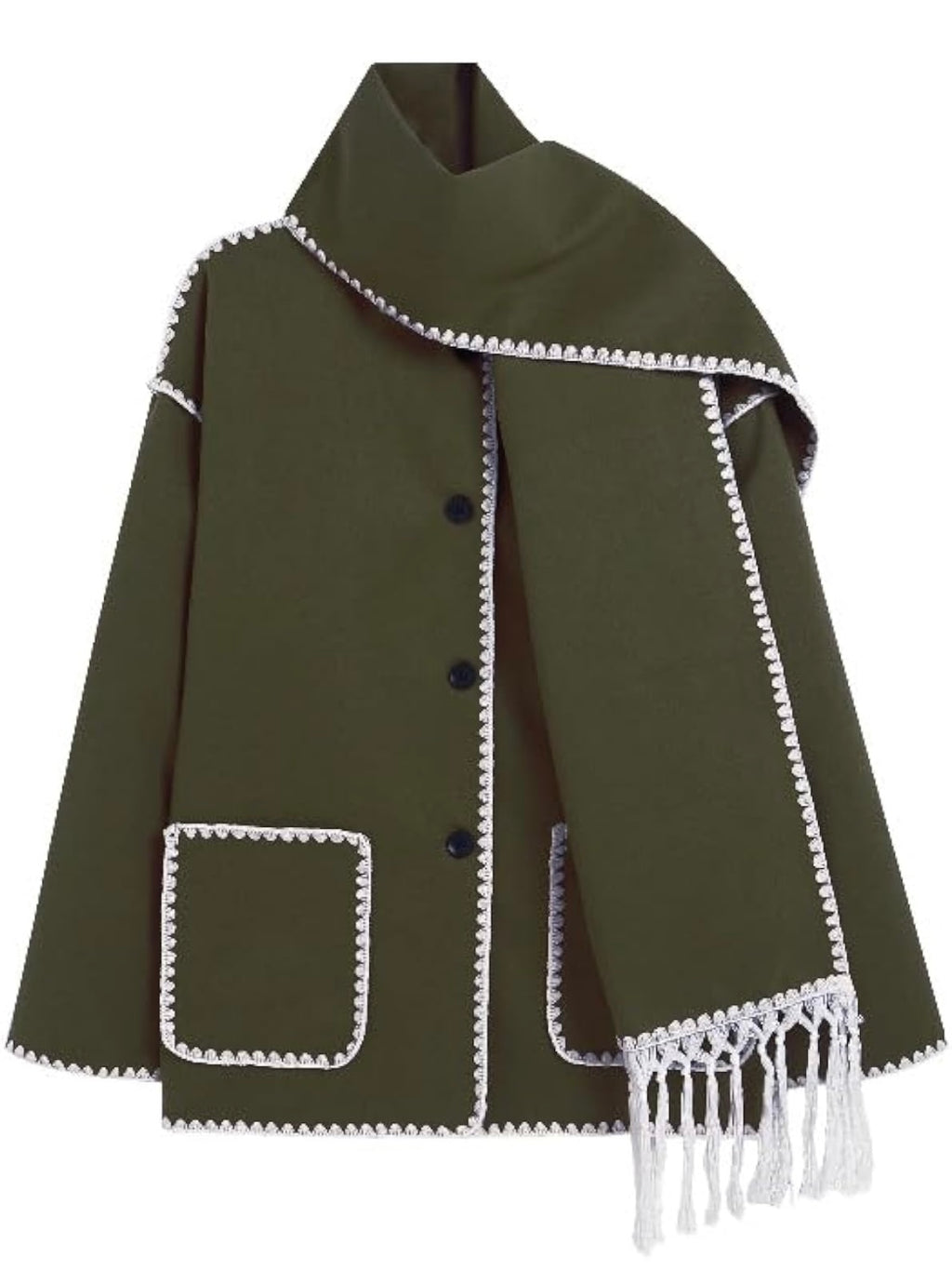 Women's tassel scarf wool coat two-piece set loose button open top wool coat jacket