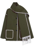 Women's tassel scarf wool coat two-piece set loose button open top wool coat jacket