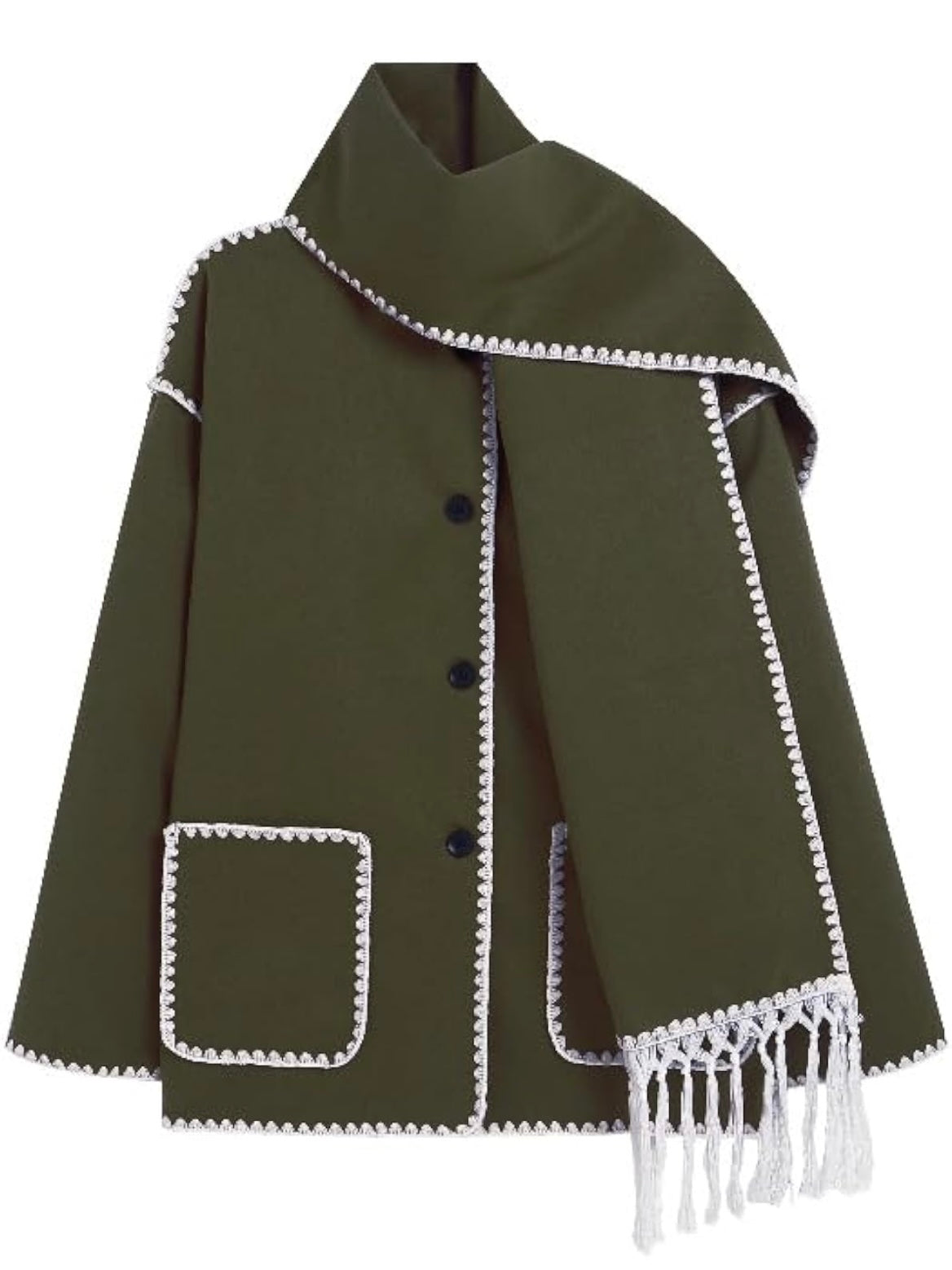 Women's tassel scarf wool coat two-piece set loose button open top wool coat jacket
