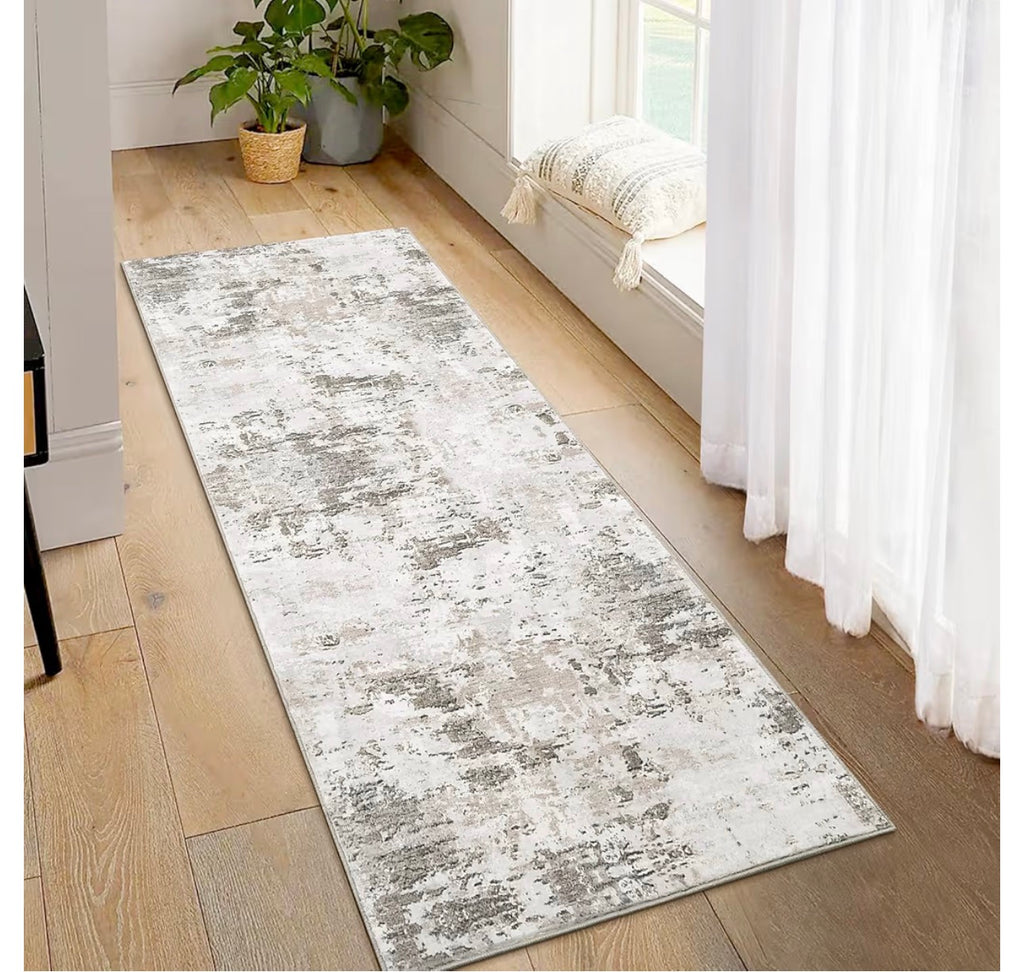 2x6 Modern Abstract Runner Rug Non Slip Soft Stain Resistant Low Pile Machine Washable Non Shed Rug for Hallway Kitchen Bathroom, Taupe/Beige