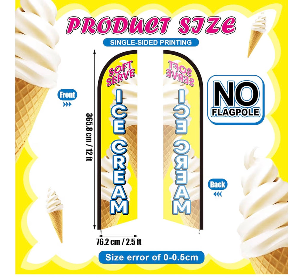 HunnmingRe 12ft Soft Serve Ice Cream Feather Flag Ice Cream Swooper Feather Banner for Outdoor Snack Bar Cafe Business Advertising(Not Include Pole)