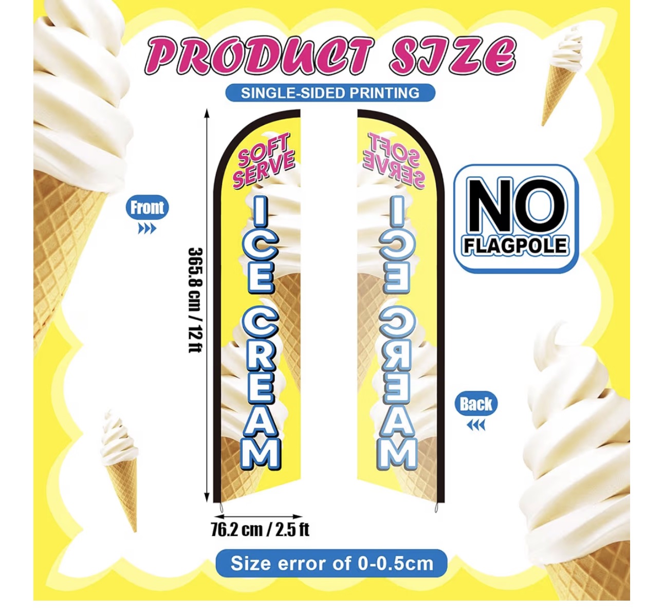 HunnmingRe 12ft Soft Serve Ice Cream Feather Flag Ice Cream Swooper Feather Banner for Outdoor Snack Bar Cafe Business Advertising(Not Include Pole)