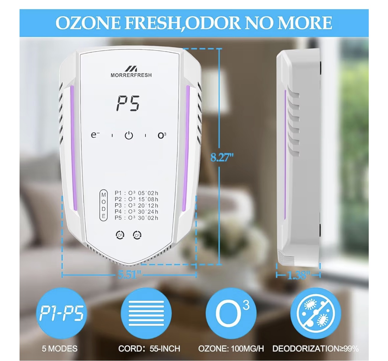 Ozone Odor Eliminator for Strong Odor 99% Cat Litter Deodorizer Dog Poof Odor Removal Air Ionizers for Home Portable Air Purifier for Pets Toilet Wardrobe Shoe Garage Room Cabinet White