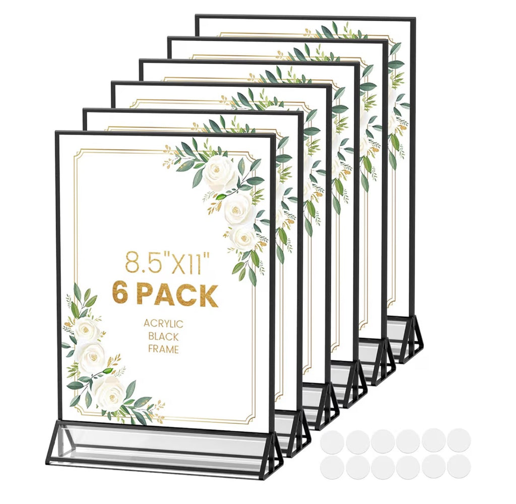 Acrylic Sign Holder 8.5X11 Black Picture Frame Double-Sided Acrylic Frames for Wedding Table Numbers Photo Frames Flyers Menu with Removable Sticky Dots-6 Pack