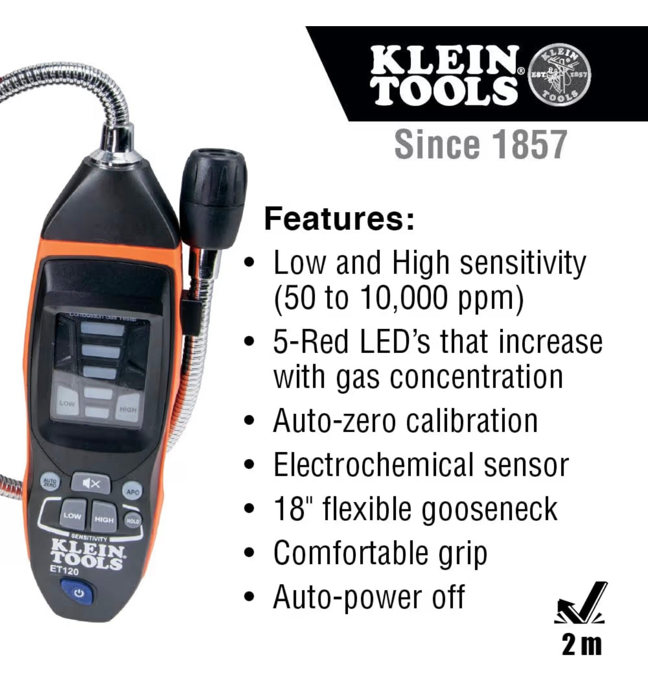 Klein Tools ET120 Gas Leak Detector, Combustible Gas Leak Tester with 18-Inch Gooseneck Has Range 50-10,000 ppm, Includes Pouch Factory Sealed