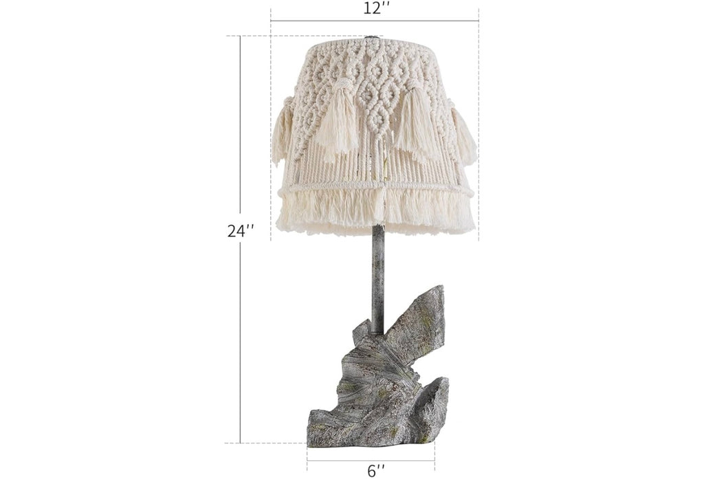 24” Tall Retro Desk Lamp With Bohemian Cotton Rope Macrame Lampshade and Handcrafted Resin Base.