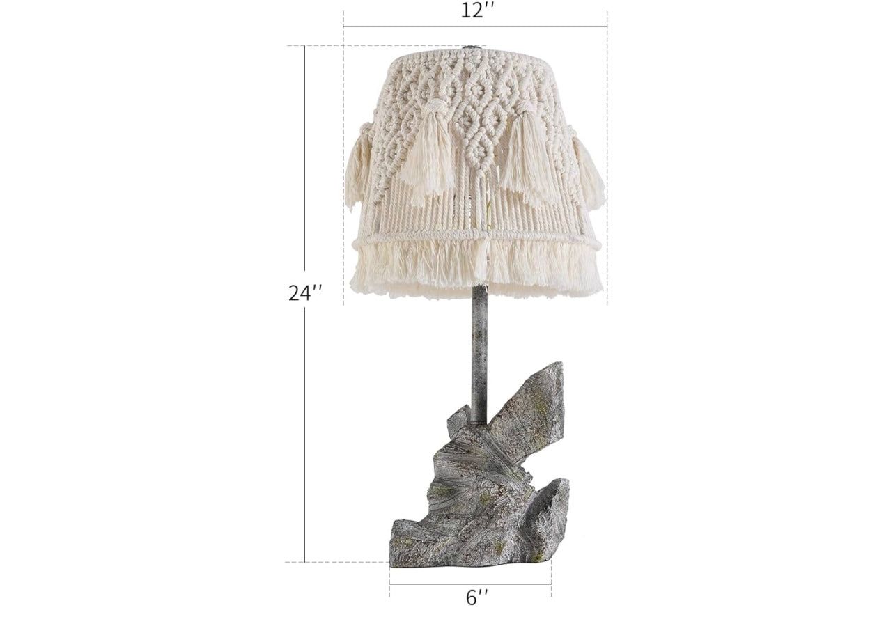 24” Tall Retro Desk Lamp With Bohemian Cotton Rope Macrame Lampshade and Handcrafted Resin Base.