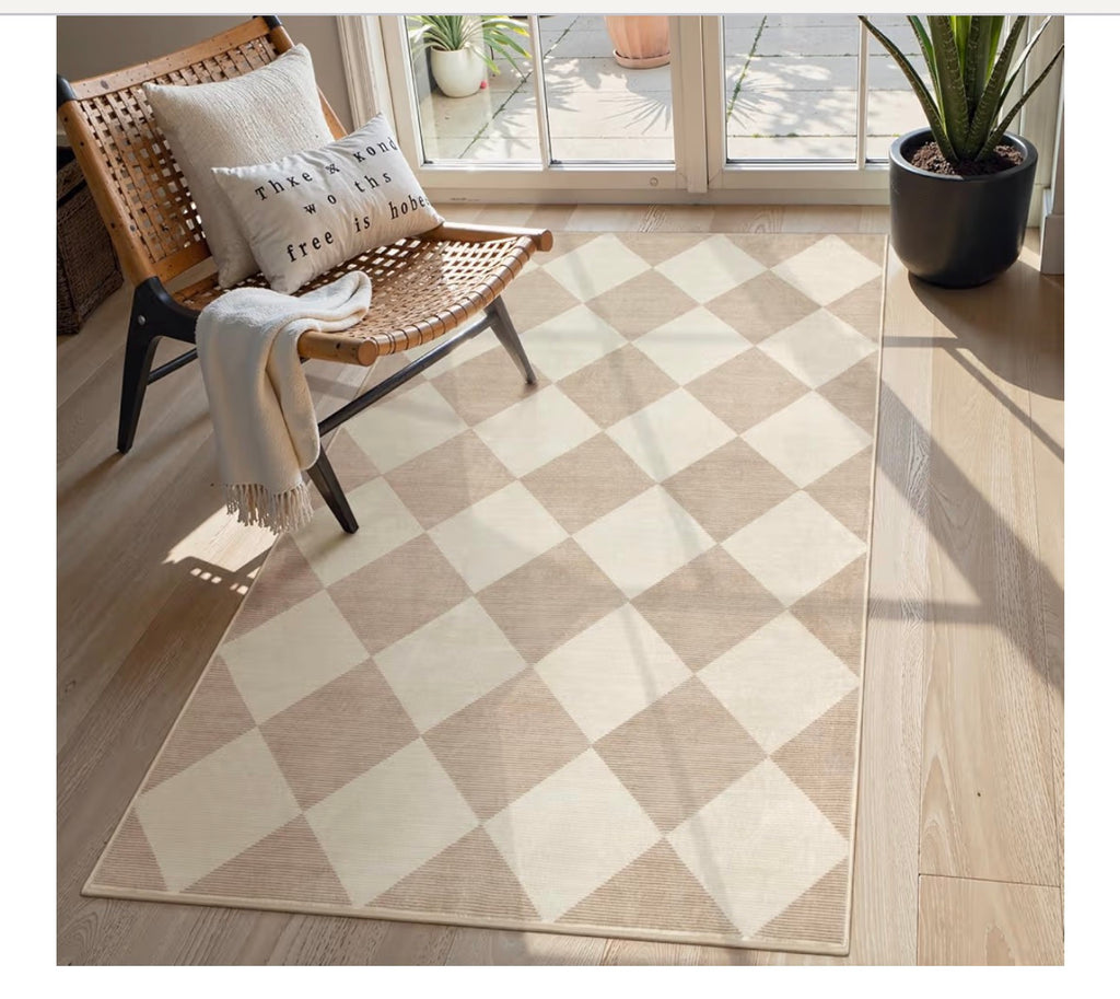 Checkered Print 3x5 Washable Area Rug for Bedroom, Non Slip Ultra Thin Beige Entryway Rug Non Shedding Kitchen Rug 3x5, Modern Checkerboard Carpet Plaid Decor for Bathroom Office Nursery