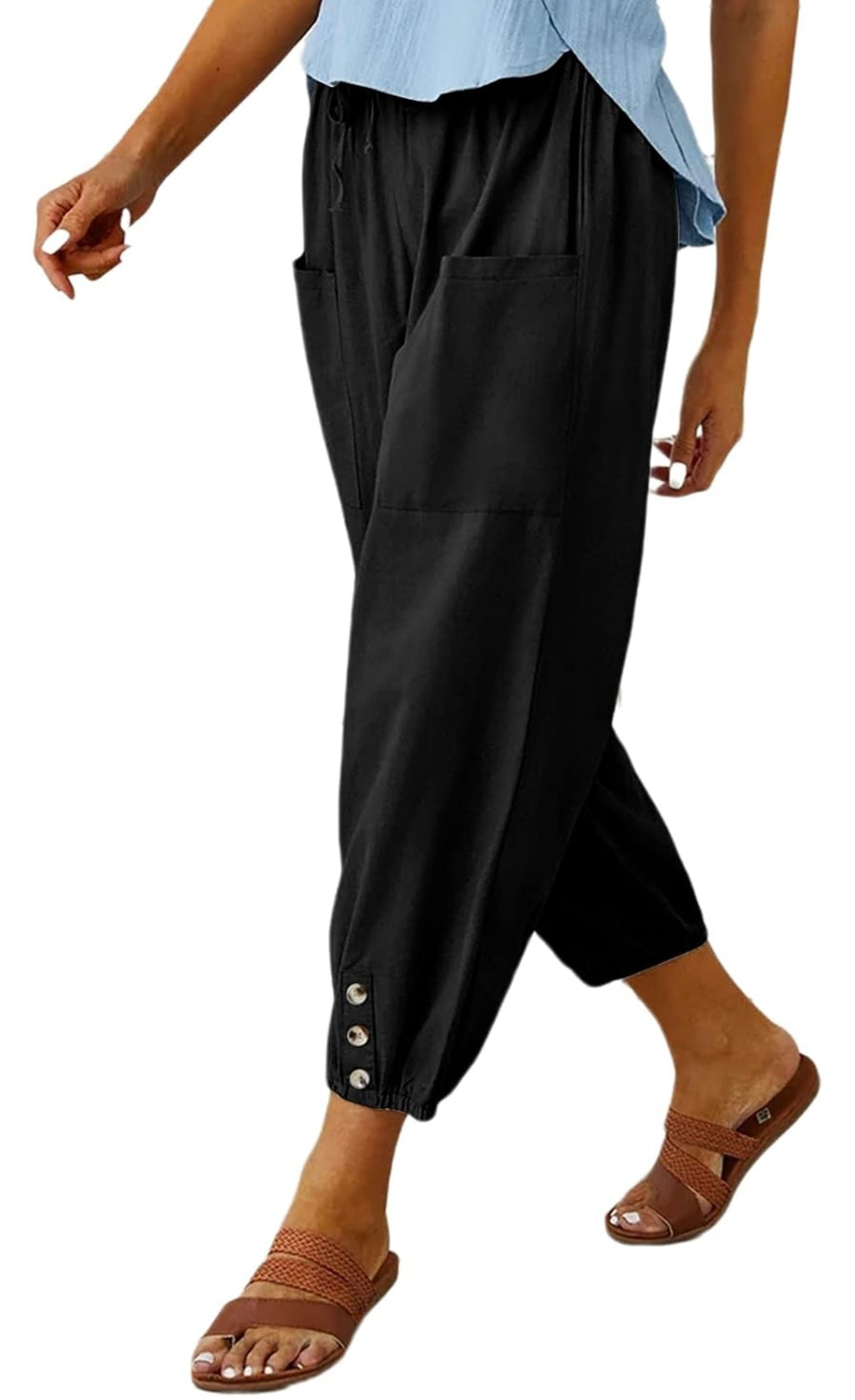 Womens Casual Capri Pants Elastic Waist Drawstring Summer Lounge Baggy Trousers Cinch Bottom Lantern Ankle Pants with Pockets