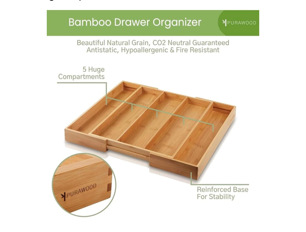 PuraWood Premium Bamboo 3-5 Slot Drawer Organizer.