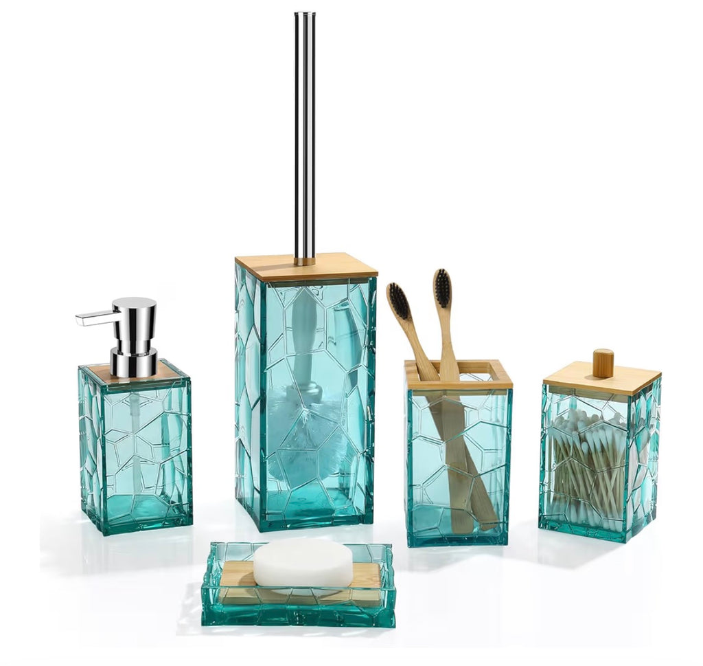 Teal Blue Beach Bathroom Accessories Set, Toothbrush Holder, Soap Dispenser, Cotton Swabs Holder, Soap Dish, Toilet Brush with Holder, Boho Bamboo Bathroom Decor,Acrylic (Teal)