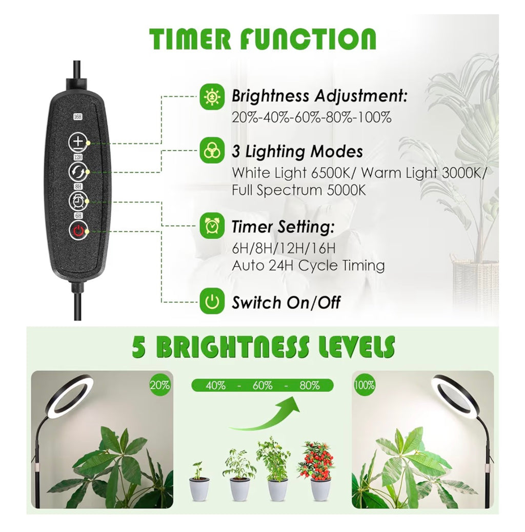 Grow Light with Stand for Indoor Plants, 8" Halo Full Spectrum Grow Light, 68" Height Adjustable Plant Light, Auto Cycle Timer (6/8/12/16H), 5-Level Dimmable, 3 Lighting Modes