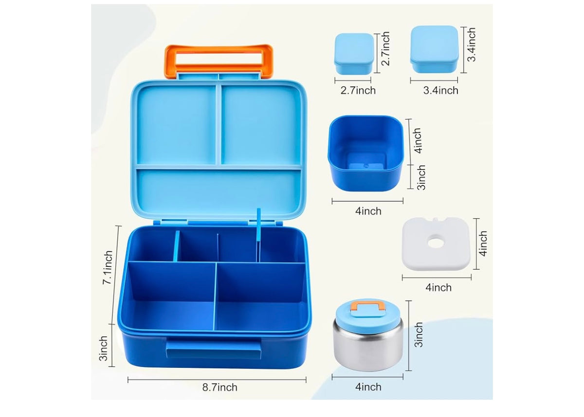 Bento Lunch Box for Kids with 8oz Soup Thermo Leak-Proof Lunch Food Containers with Snack Sauce Container for Kid Girls Boys to School, Blue