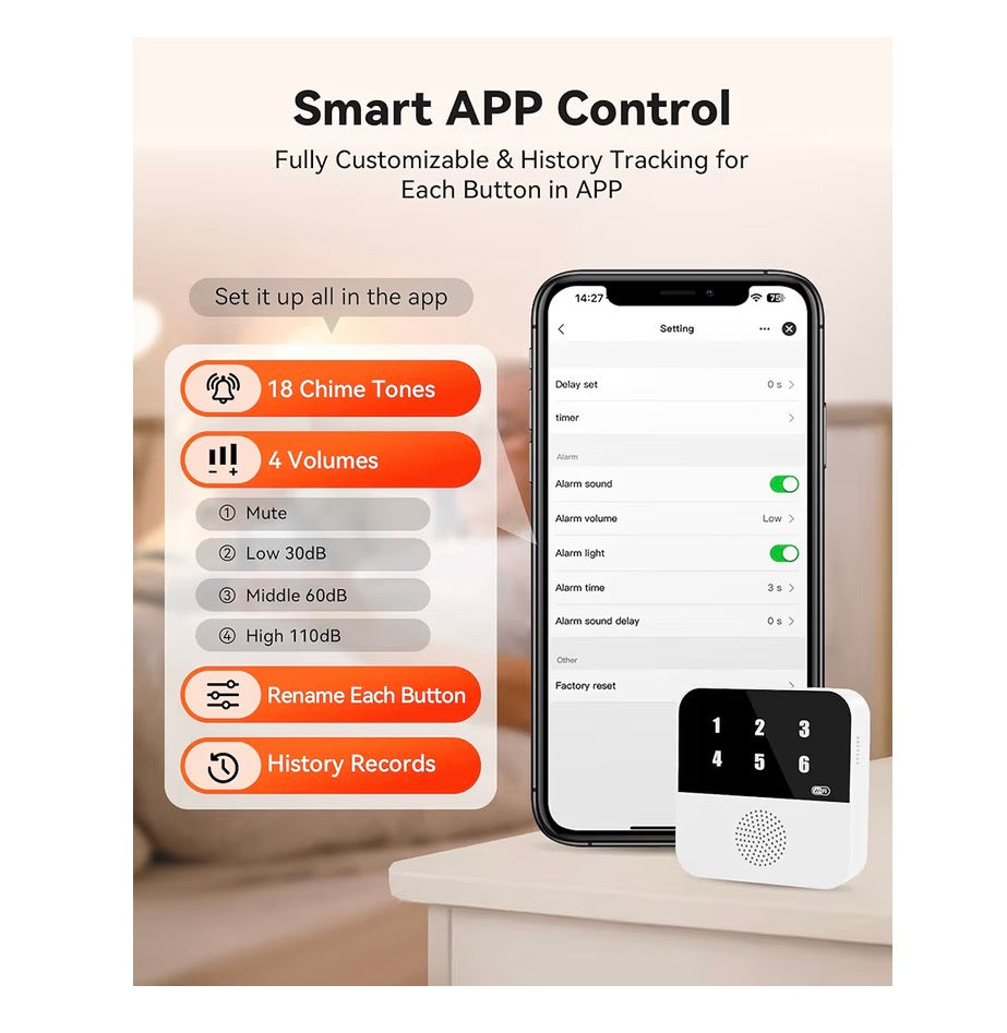 WiFi Caregiver Pager Smart Call System - Display Caller ID & App Alerts, No Monthly Fee, IP65 Waterproof Wristband + 2 Call Buttons, Emergency Alert Button for Elderly at Home & Nursing Care