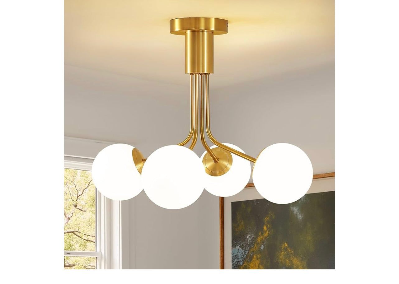 Linour 4 Light Modern Chandelier Gold Semi Flush Mount Ceiling Light Fixture Sputnik Chandelier With Milky Frosted Glass.