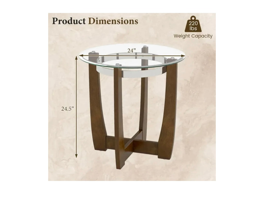 24 Inches Round Side Table with Tempered Glass Top and Solid Rubber Wood Base. Assembly Required.